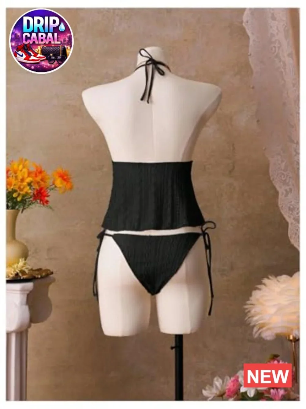 Women's Halter Tankini Swimsuit V Neck Tie Side String Textured 2 Piece Bathing
